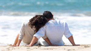 Rear view of a couple sitting on beach